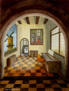 Imaginary old Dutch interior - painted with a 21st century twist. The style of the room is 17th century but (for fun) shows a modern desk with computer - and the back room shows a washing machine! The painting of the windmill is after Jacob van Ruisdael and that of the girl with the lady after Pieter de Hooch.